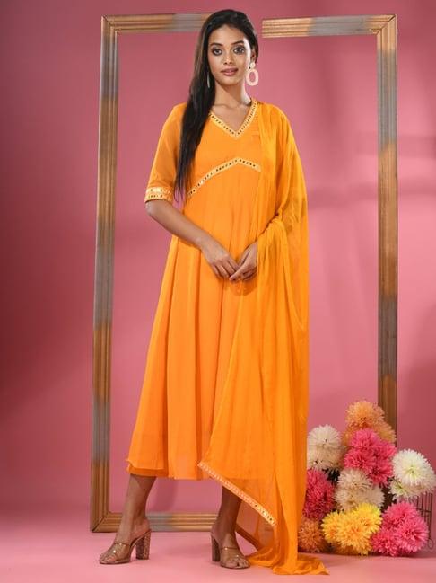 charukriti yellow embellished kurta pant set with dupatta