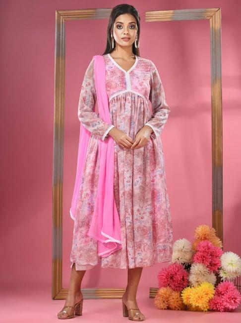 charukriti pink & white printed kurta pant set with dupatta