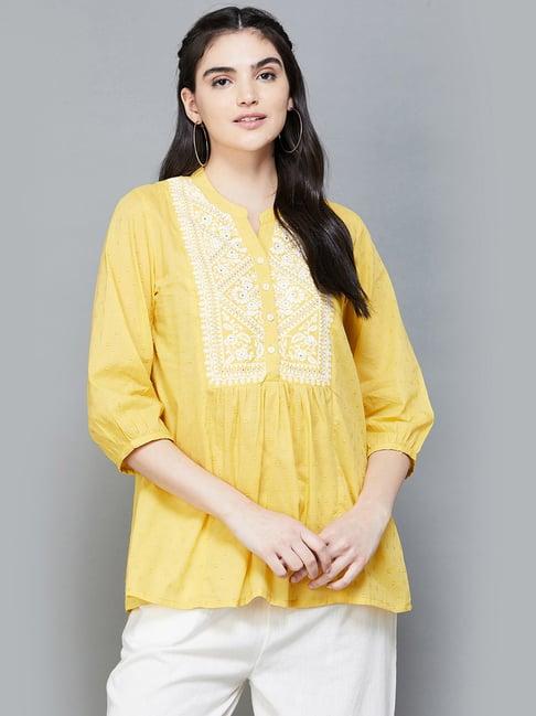 melange by lifestyle yellow cotton embroidered tunic