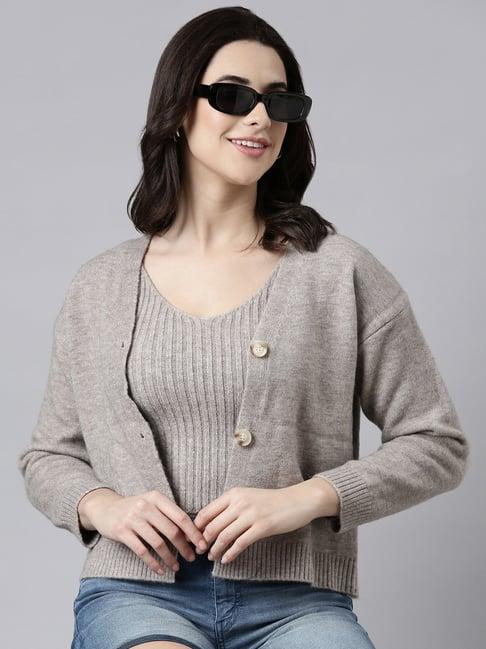 showoff grey regular fit cardigan with slip