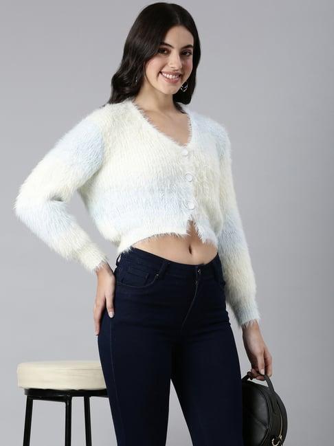 showoff cream & blue regular fit crop cardigan