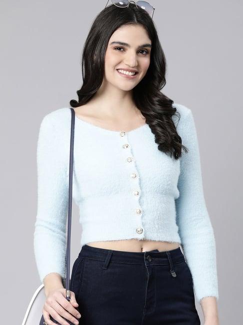 showoff sky blue regular fit crop cardigan