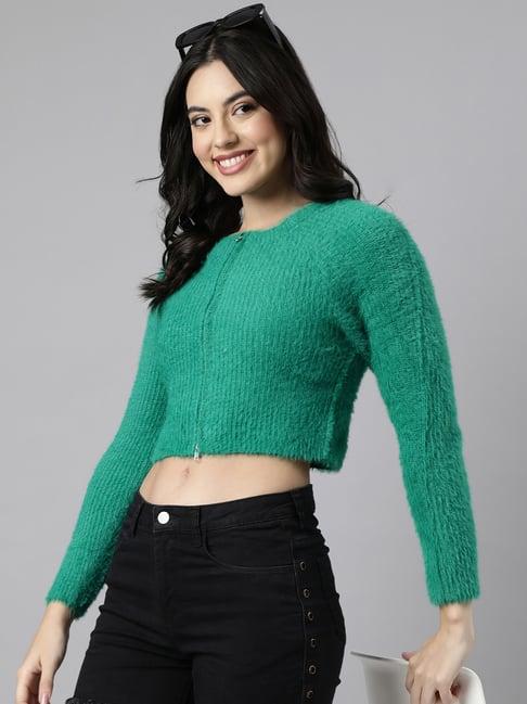 showoff green regular fit crop cardigan