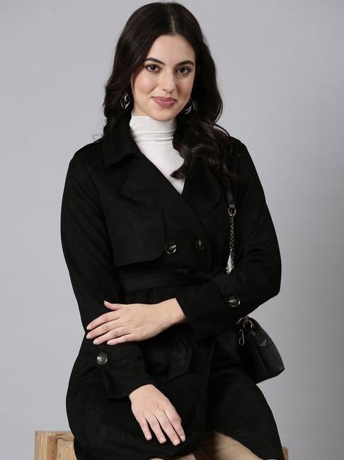 showoff black regular fit trench coat with belt