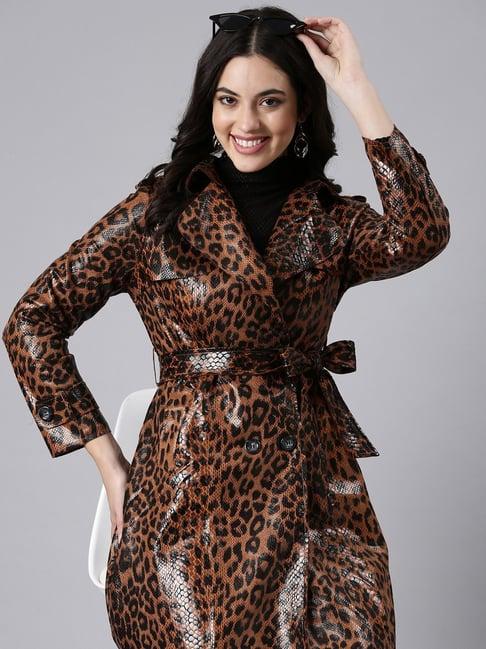 showoff brown & black animal print trench coat with belt