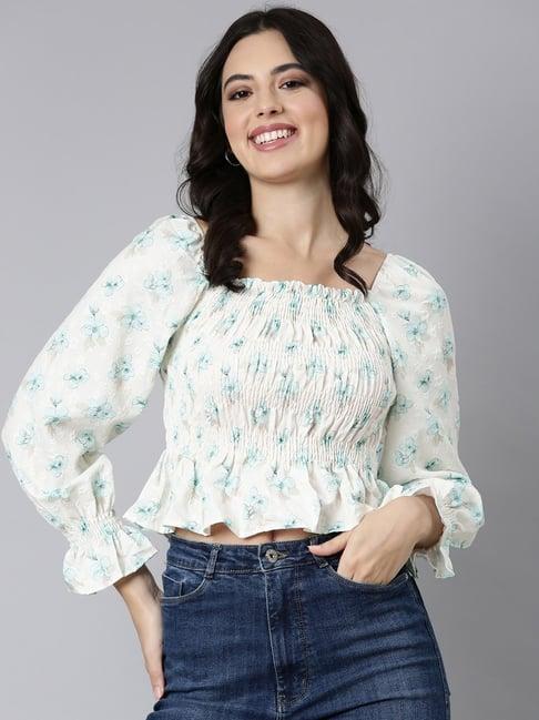 showoff off white & sea green floral print crop top