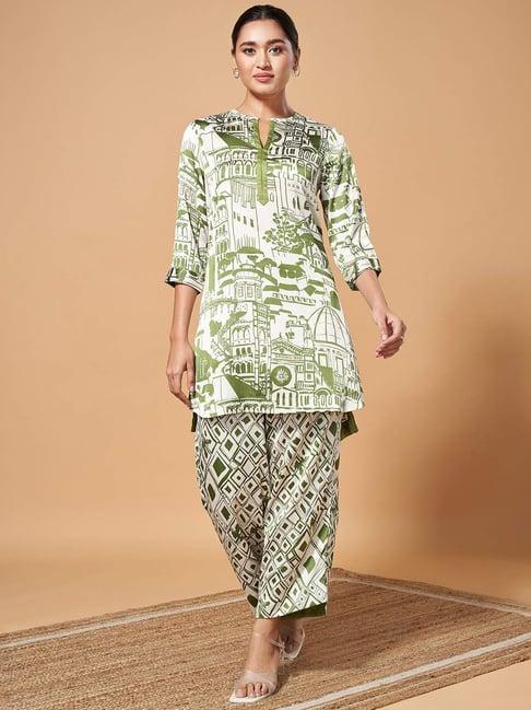 marigold lane green printed kurti pant set