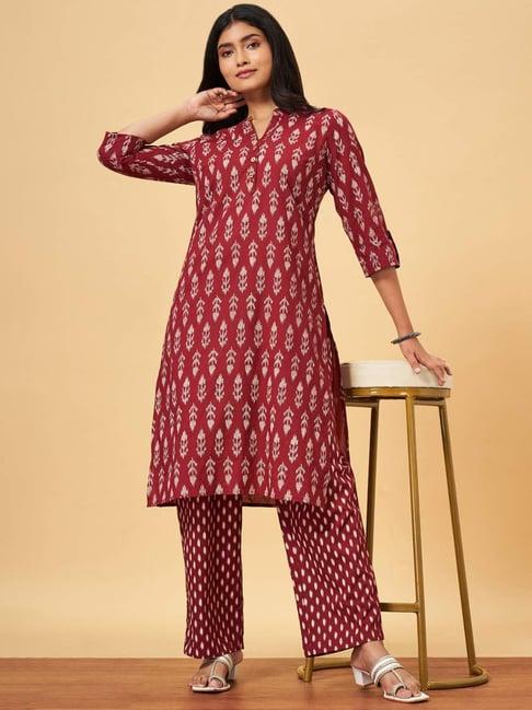 yu by pantaloons maroon cotton printed kurta palazzo set