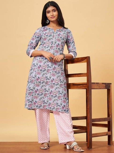 yu by pantaloons grey & white cotton printed kurta palazzo set