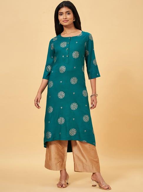 rangmanch by pantaloons teal blue printed a line kurta