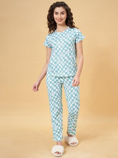 dreamz by pantaloons blue cotton printed t-shirt & pyjamas set