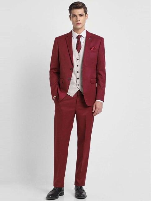 allen solly maroon slim fit three piece suit