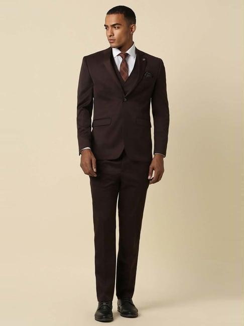 allen solly brown slim fit three piece suit