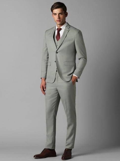 louis philippe green slim fit textured three piece suit