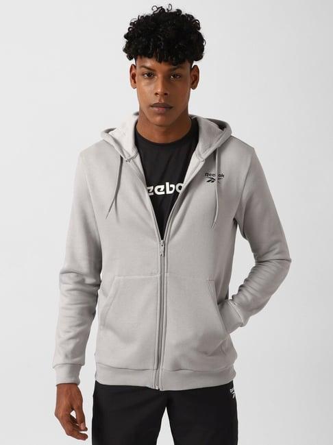 reebok grey slim fit texture hooded sweatshirt