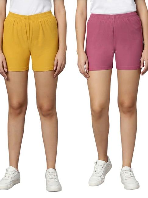 omtex mustard & pink mid rise sports shorts - pack of 2