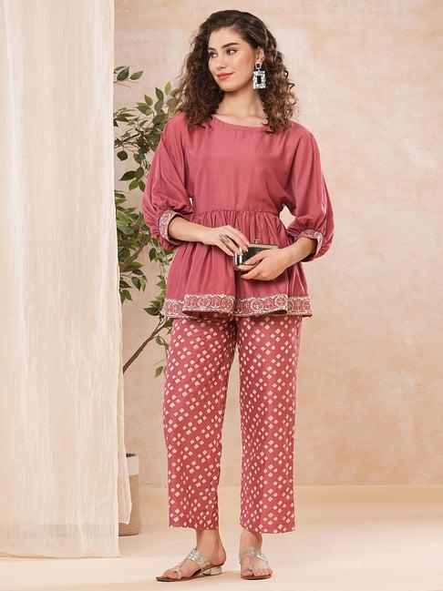 globus pink printed peplum tunic with pants