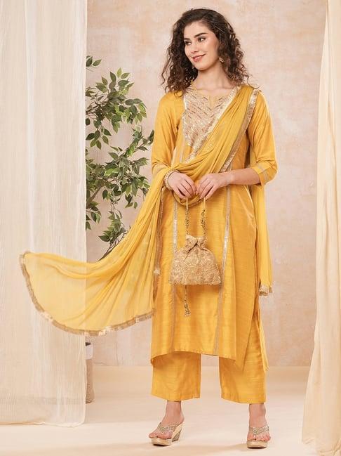 globus mustard embellished kurta with pants & dupatta