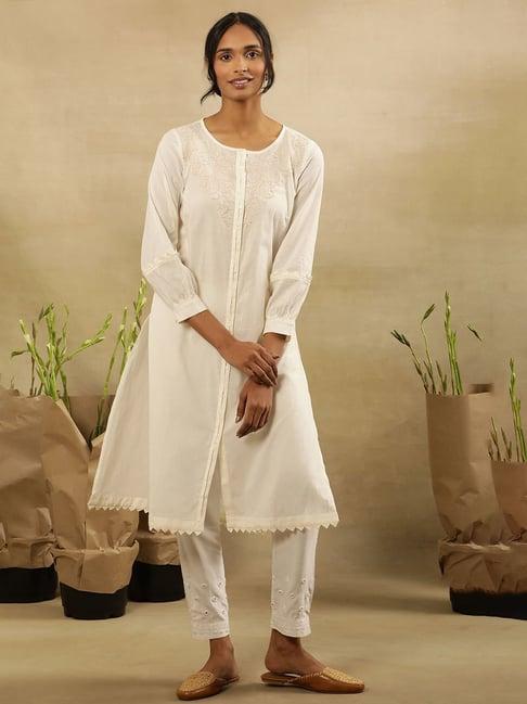 w paper white cotton embroidered straight kurta