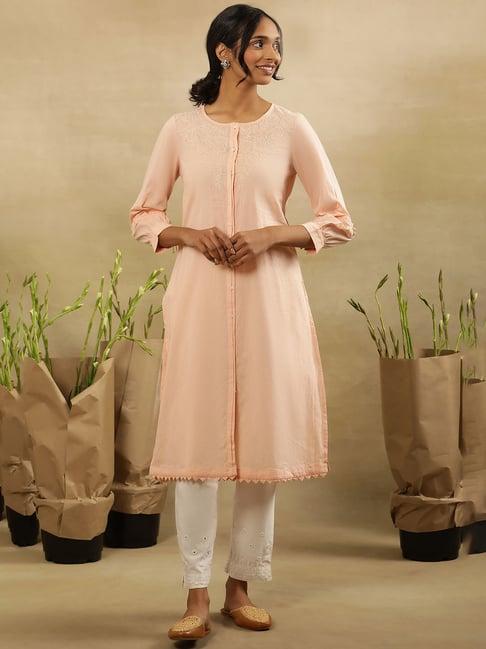 w salmon pink cotton embroidered straight kurta