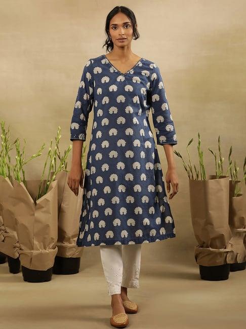 w indigo cotton printed straight kurta