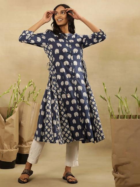 w indigo cotton printed a line kurta