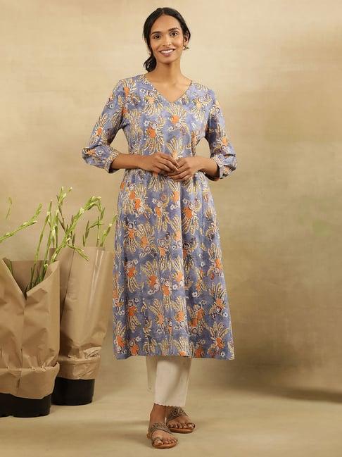 w light blue cotton floral print flared kurta