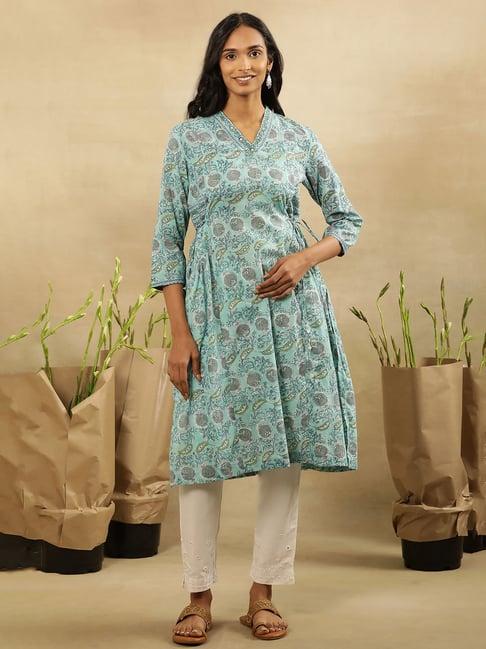 w aqua cotton floral print a line kurta