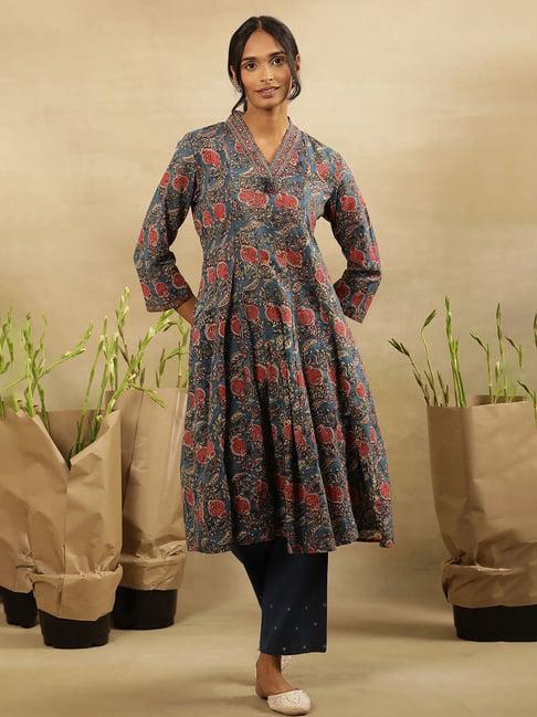 w blue cotton floral print flared kurta