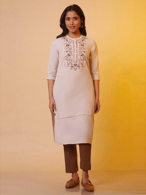 aurelia off white striped cotton straight kurta