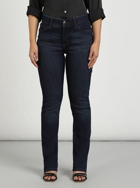 lee dark blue straight fit mid rise jeans