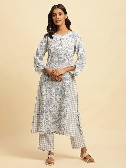 w ice blue rayon floral print kurta pant set