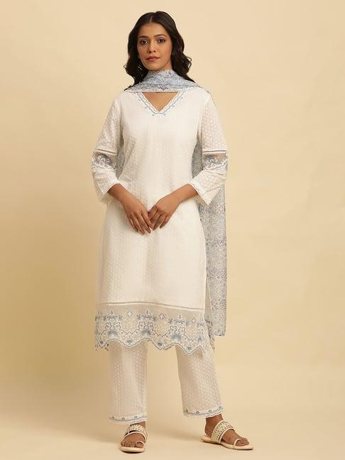 w white cotton embroidered kurta with pant & dupatta