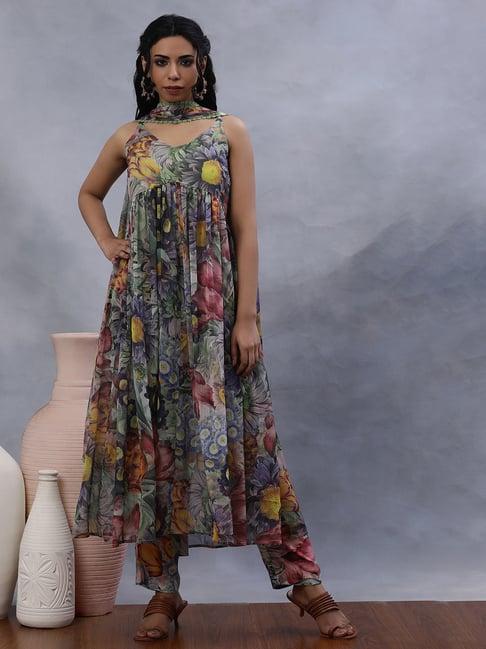 w multicolor chiffon floral print kurta with pant & dupatta