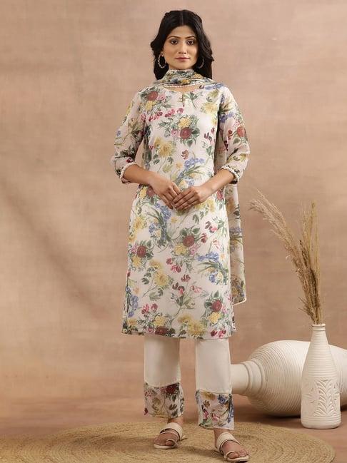 w white organza floral print kurta with pant & dupatta