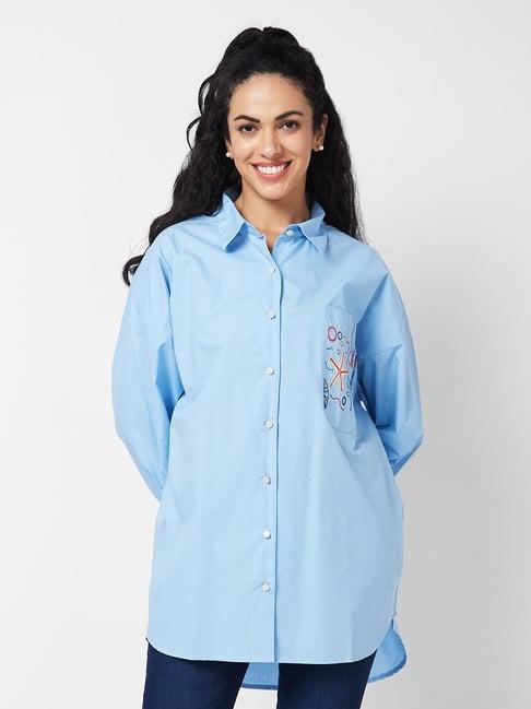 spykar sky blue cotton embroidered long shirt