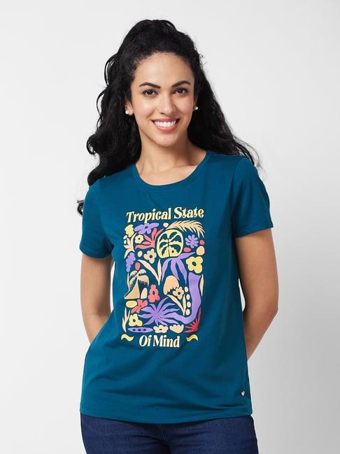 spykar teal graphic print t-shirt