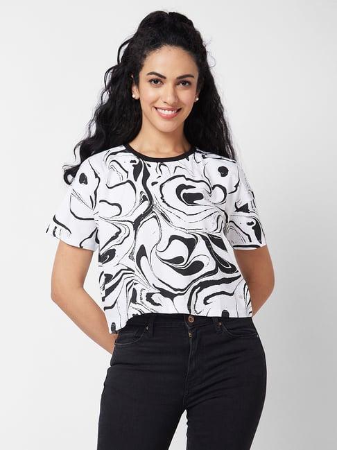 spykar white & black printed crop t-shirt