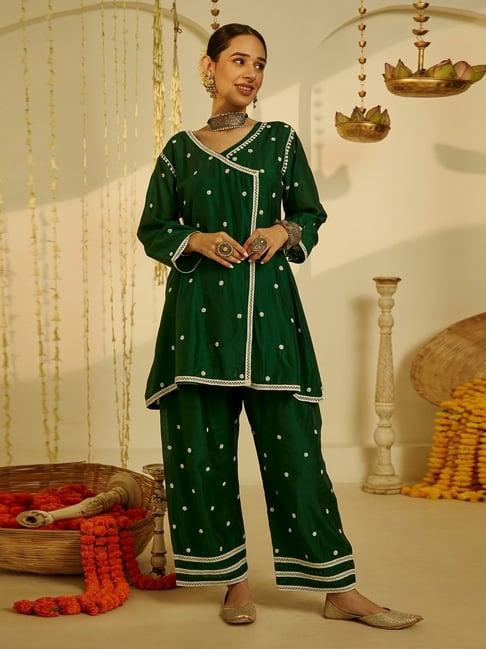 house of chikankari green embroidered kurta bottom set