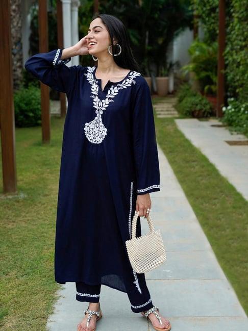 house of chikankari navy embroidered kurta bottom set