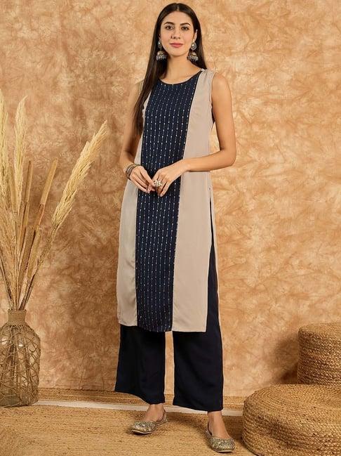 ziyaa navy printed kurta & palazzo set