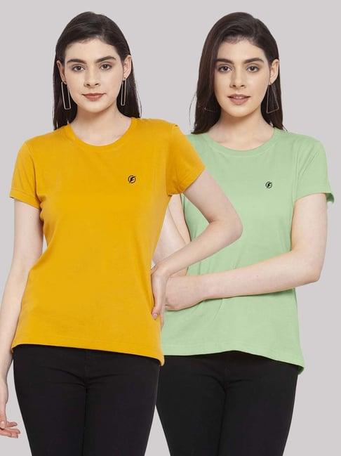 friskers mustard & sea green cotton t-shirt - pack of 2