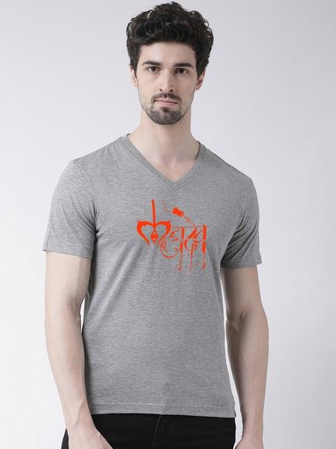 friskers grey melange regular fit graphic print v-neck t-shirt