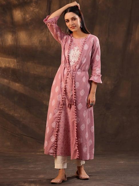 juniper powder pink ethnic motif printed pure cotton jacket style women kurta