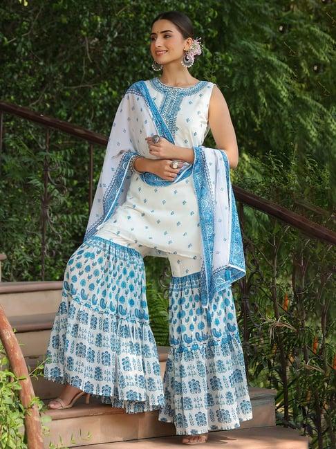 juniper blue ethnic motif printed georgette kurta sharara & dupatta set with thread work embroidery