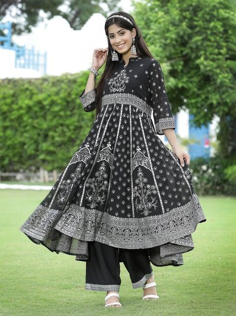 juniper black ethnic motif printed georgette anarkali kurta & palazzo set with buttons