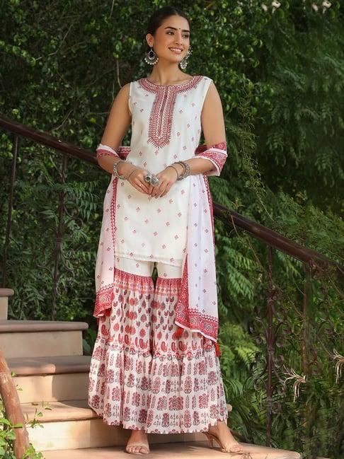 juniper maroon ethnic motif print georgette kurta sharara & dupatta set with thread work embroidery