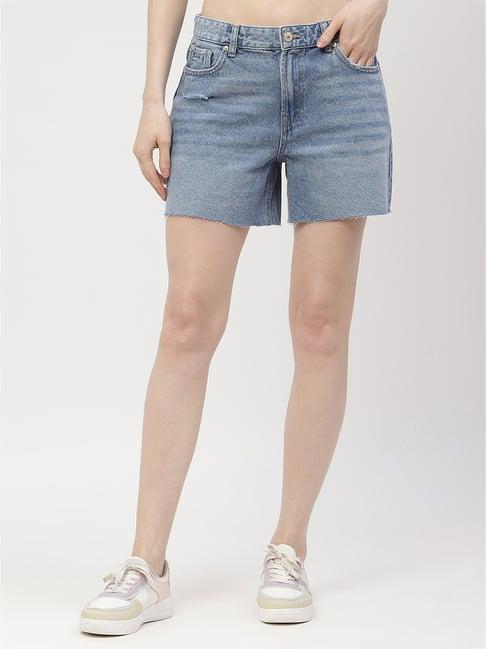 madame light blue cotton regular fit shorts