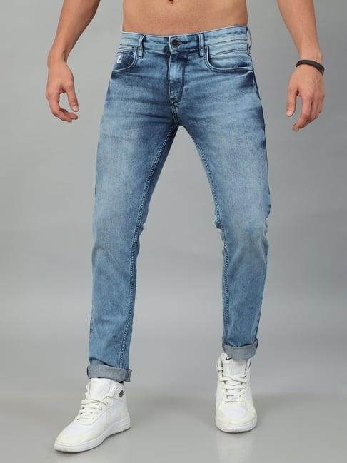 bushirt ocean blue slim fit lightly washed cotton jeans