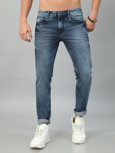 bushirt mid blue slim fit lightly washed cotton jeans